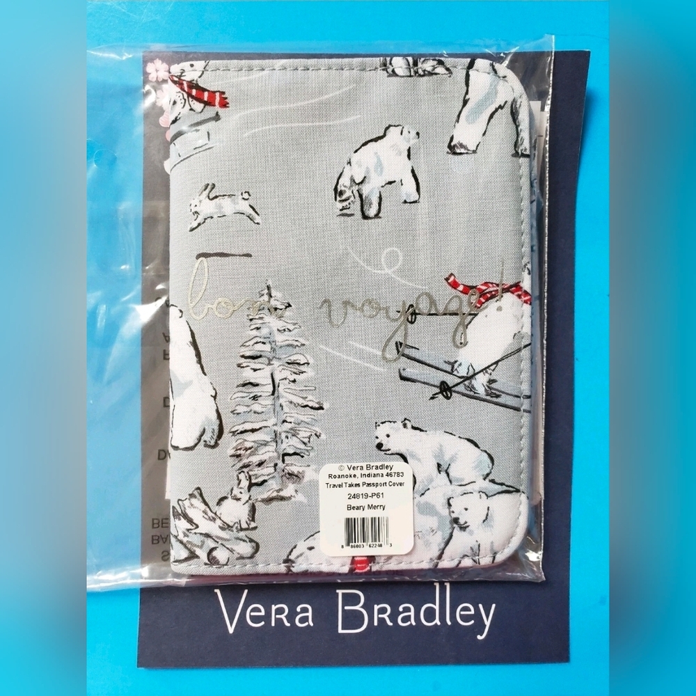 Vera Bradley Iconic (Beary Merry Pattern) Polar Bear RFID Passport Cover NWT